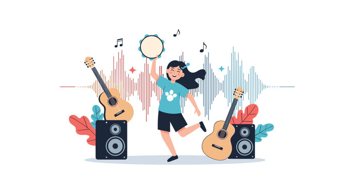 Joyful girl dancing and playing a tambourine surrounded by acoustic guitars speakers and sound wave patterns in a musical celebration theme.