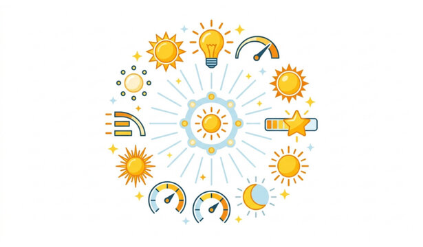 Light intensity and brightness control icons vector grid with UI display symbols