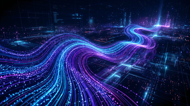 Abstract digital data stream, flowing light particles and fiber optic cables, futuristic technology background representing highspeed internet, information transfer, and cyberspace connectivity