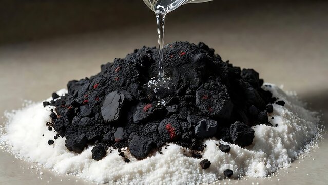 Chemical reaction showing the dehydration of white sugar with concentrated sulfuric acid in a laboratory setting
