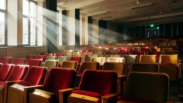 Sunlight beams through windows onto empty lecture hall seats