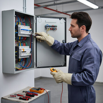 Professional electrician wearing safety gloves repairing a fuse box with colorful wires and tools