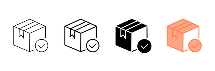 Set of minimalist delivery box icons with transparent background, depicting package checkmark symbols for order confirmation, shipping status, and logistics, vector illustration © MdSumon
