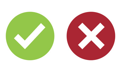 Obraz premium Two circular buttons with a check mark and a cross mark isolated on white for feedback and decision making concepts