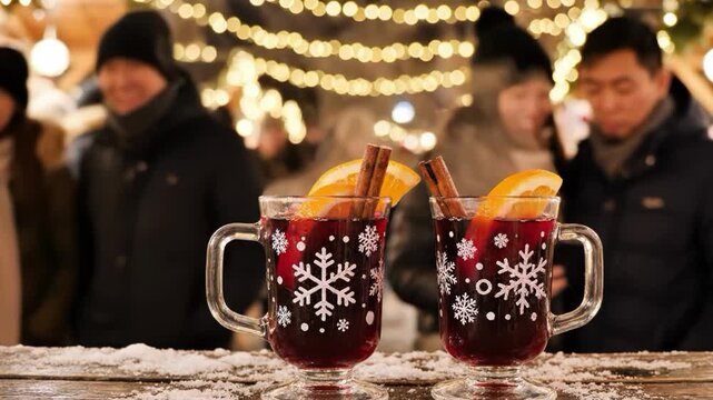 Two mugs of mulled wine with orange slices and cinnamon sticks on snowy table