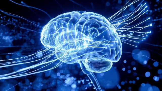 A high-quality 3D animation of a human brain illuminated with glowing blue neural pathways