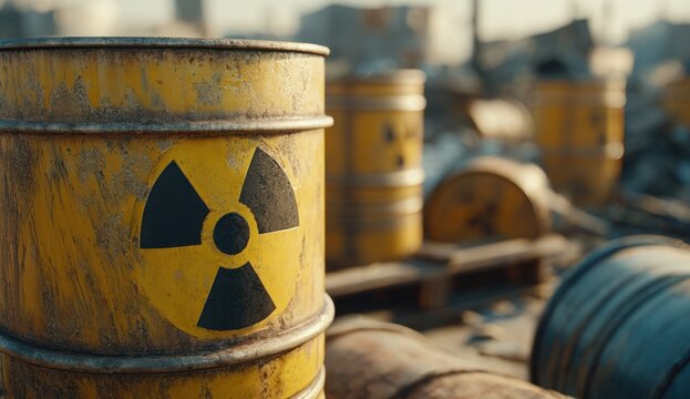 Yellow metal barrel with black radiation symbol, industrial storage container used for hazardous radioactive materials