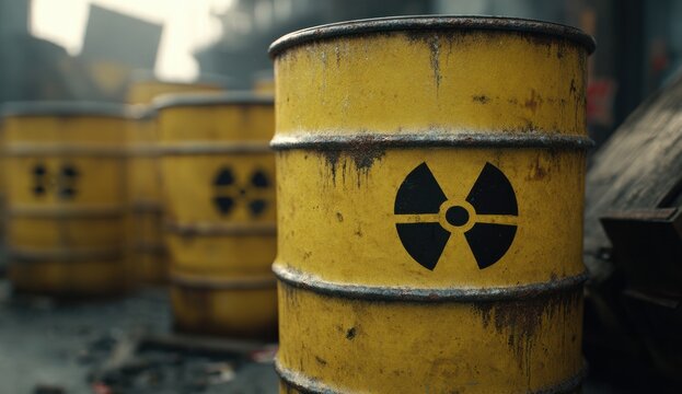Yellow metal barrel with black radioactive symbol, industrial storage container used for hazardous nuclear materials