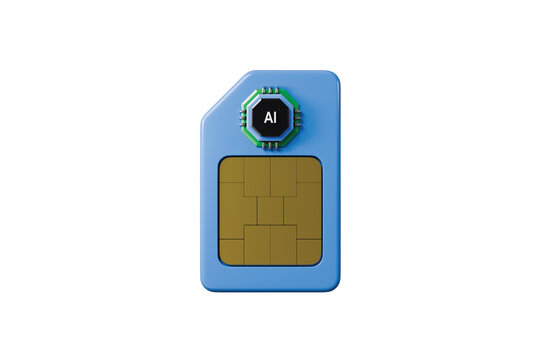 3d AI SIM card icon. smart mobile network technology concept. minimal cartoon blue SIM card with embedded AI processor chip. isolated on white transparent background. 3d render.