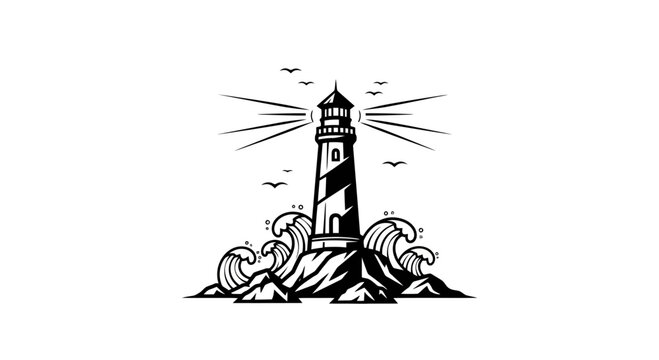 Black and white lighthouse on rocky coastline with waves and seagulls flying.