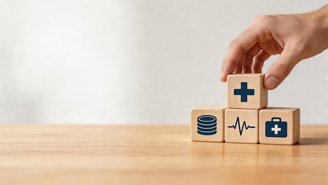Business man stacking wooden blocks with healthcare icons database and medical symbol representing data management in medicine health system organization and digital therapy