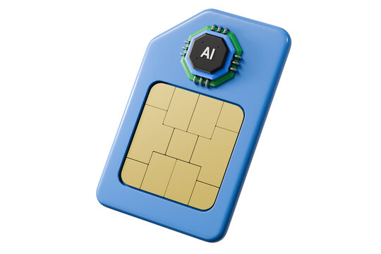 3d AI SIM card icon. smart mobile network technology concept. minimal cartoon blue SIM card with embedded AI processor chip. isolated on white transparent background. 3d render.