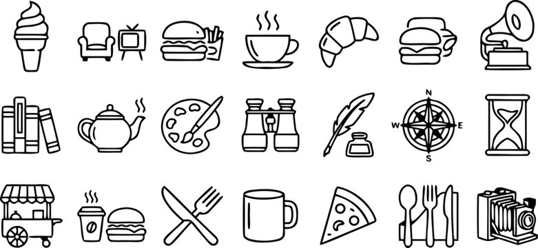 Large collection of minimalist lifestyle and restaurant outline icons featuring food travel art and vintage objects