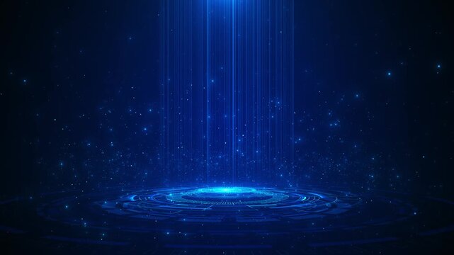 Blue digital beam platform with vertical light stream, glowing circular base, and floating particles. for AI videos, cyber intros, software screens, technology titles, data promos, and overlays.