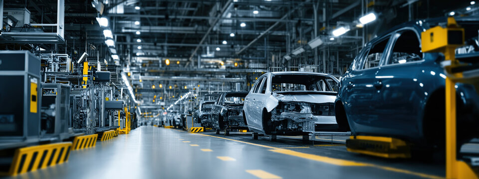 Automated vehicle assembly line inside a modern brightly lit industrial factory manufacturing car frames along conveyor belts