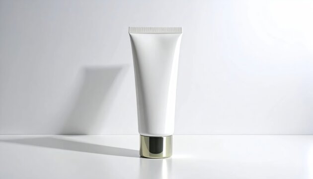White Cosmetic Tube with Metallic Golden Base Standing Upright on Clean Minimalist Studio Background