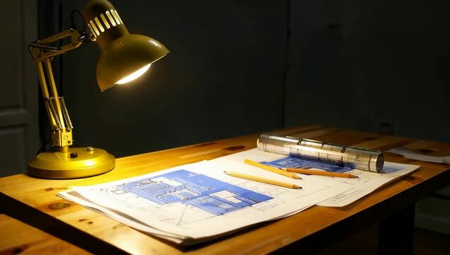 Yellow desk lamp illuminates blueprints and pencils on wooden table