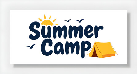 summer camp logo sticker design, camping badge with sun and tent, outdoor adventure emblem, stylized typography camp logo, nature travel sticker, vintage camp badge illustration, sun birds tent logo g © mrpixel