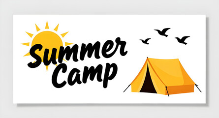 summer camp logo sticker design, camping badge with sun and tent, outdoor adventure emblem, stylized typography camp logo, nature travel sticker, vintage camp badge illustration, sun birds tent logo g © mrpixel