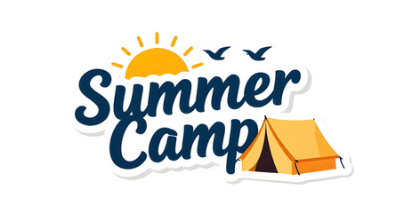 summer camp logo sticker design, camping badge with sun and tent, outdoor adventure emblem, stylized typography camp logo, nature travel sticker, vintage camp badge illustration, sun birds tent logo g © mrpixel