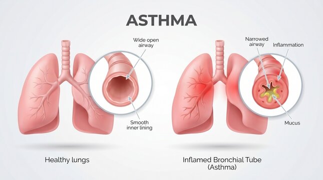 Medical diagram of healthy versus asthmatic human lungs