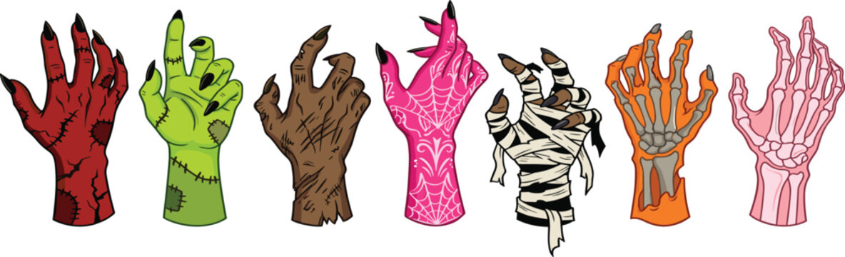 Collection of Halloween Themed Hands with Creepy and Spooky Designs like Skeleton, Mummy, and Frankenstein.