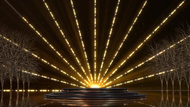 Podium golden light lamps golden confetti rain on festive stage with light beam in the middle, empty room night mockup copy space for award ceremony, jubilee, New Year's party product presentations