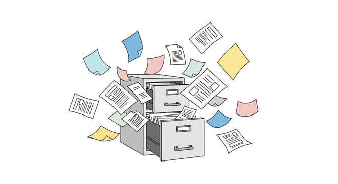 Illustration of a filing cabinet with papers flying out, symbolizing disorganization and overwhelming paperwork.