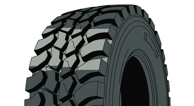 A detailed illustration of a rugged off-road tire with an aggressive, deep tread pattern for heavy-duty vehicles.