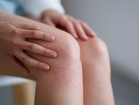 A close examination reveals delicate reddened capillary veins spread across an irritated human knee.