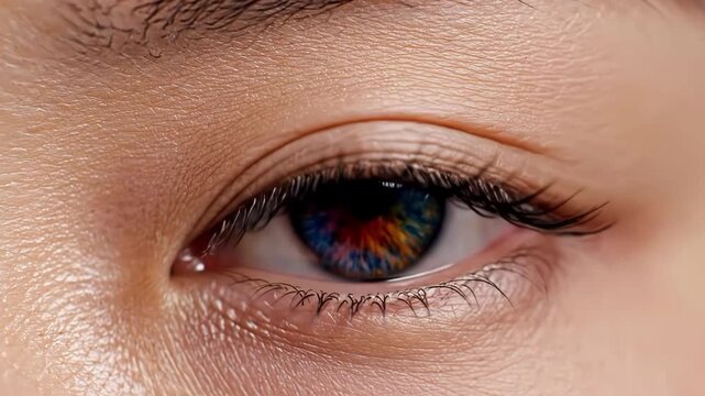 A closeup of a human eye with a multicolored iris and long eyelashes