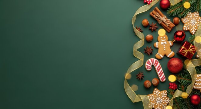 Decorated Christmas border features gingerbread cookies and holiday ornaments on a dark green background.