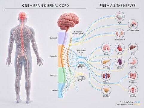 Human nervous system anatomy chart with brain and spinal cord