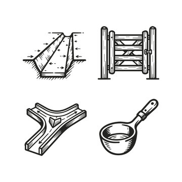 Diagrams showcasing water flow redirection and agricultural fencing tools