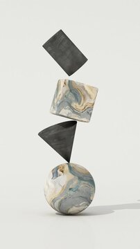 Seamless loop of rotating marble and stone geometric shapes floating in balance, abstract minimal sculpture with sphere, pyramid, cube and cylinder, 3d animation.