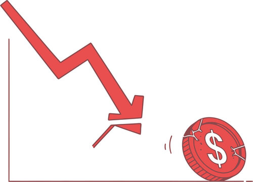 Financial graph showing decline with red arrow and falling dollar coin