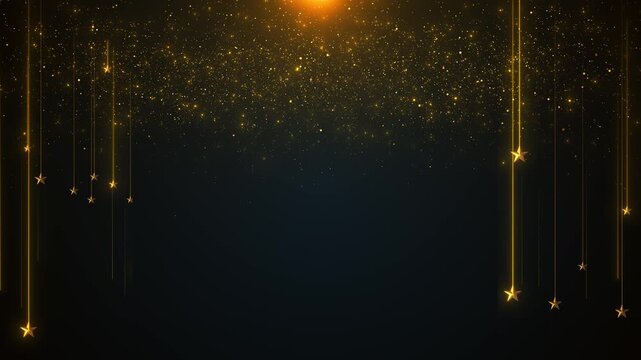 Golden hanging stars background glitter dust, vertical light strings, dark empty space, festive top sparkle. holiday , wedding titles, award intros, celebration cards, party promos, luxury overlays.