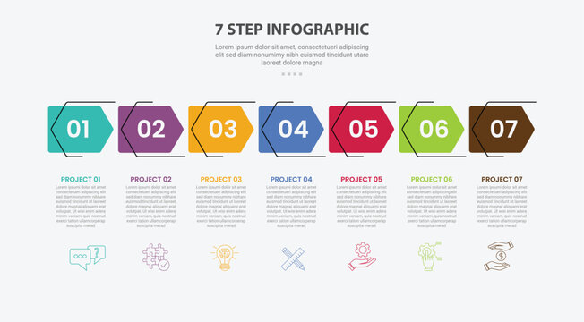 7 points template infographic outline style with 7 point stage or step template with rectangle arrow with reverse line on horizontal direction for slide presentation