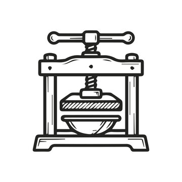 Vintage Fruit Press Machine For Juicing Or Wine Making In A Simple Line Art Style