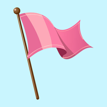 Waving pink fabric flag banner item attached to wooden pole for checkpoint target victory indicator level tracking strategy game asset vector illustration