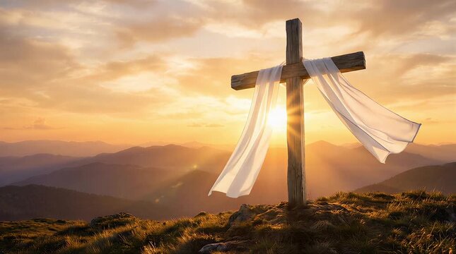 Cinematic shot of a solitary wooden cross standing atop a rocky hill against a beautiful sky, ideal for religious and spiritual digital media.