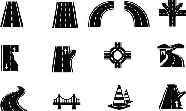 Road and highway icon set with street, bridge and traffic symbols isolated on white background for transportation concept