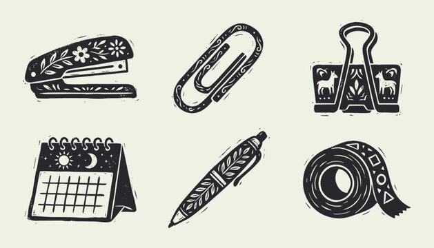 Decorative linocut office supplies set including stapler paperclip binder clip calendar pen and tape