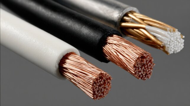 Three electrical cables showing different textures and materials, including insulated black and white sheaths and exposed copper and aluminum conductors
