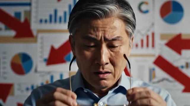 A middleaged man looking concerned while holding glasses in front of business graphs