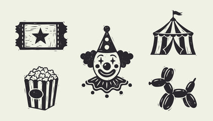 Vintage hand drawn circus icon set featuring clown tent popcorn ticket and balloon dog © Ghaghah24
