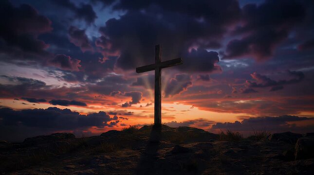 Silhouette of a solitary wooden cross on a small hill against a dramatically vibrant sunset sky, best for cinematic Christian documentaries.