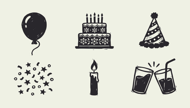 Black ink hand drawn birthday party icons set including cake balloon hat and confetti