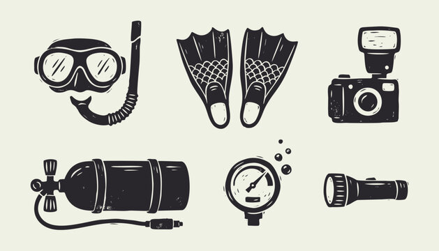Black ink hand drawn scuba diving gear icons including mask fins and oxygen tank