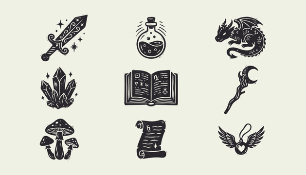 Set of magic fantasy icons in black linocut style with dragon sword and spellbook